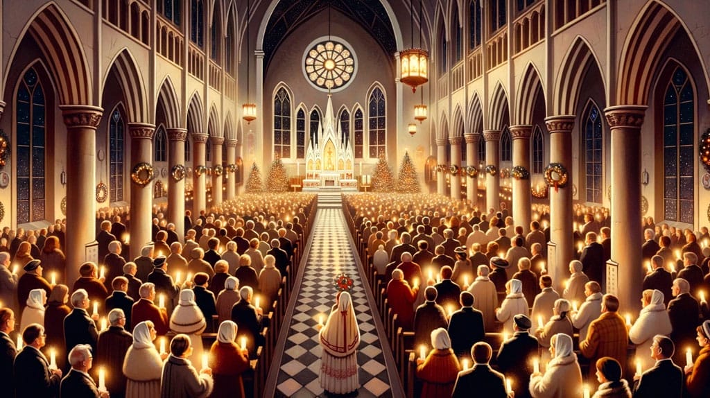 Polish church interior during Pasterka midnight Mass, with congregants holding lit candles and singing kolędy, the traditional Christmas carols.