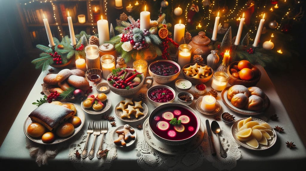 traditional Polish Christmas table set for Wigilia supper with dishes like barszcz beet soup, pierogi dumplings, and poppy seed cake