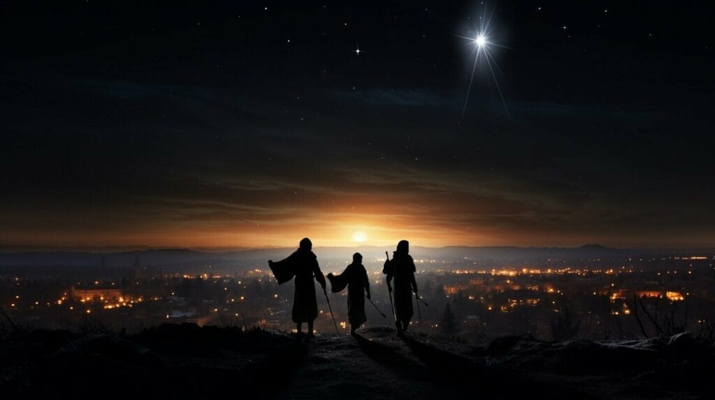 Three Wise Men following the Star of Bethlehem Three Wise Men following the Star of Bethlehem