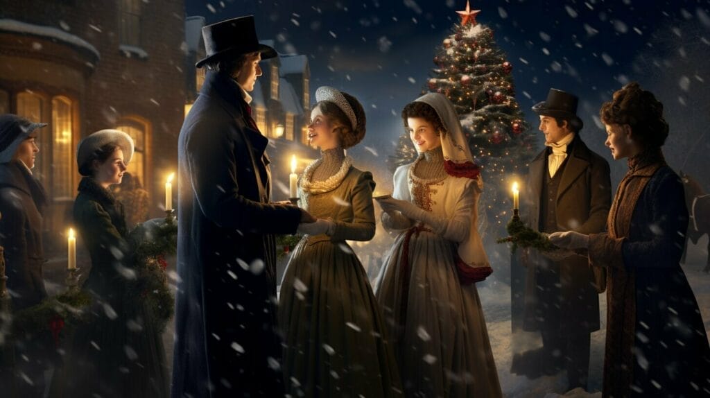 Victorian Christmas holly and carolers