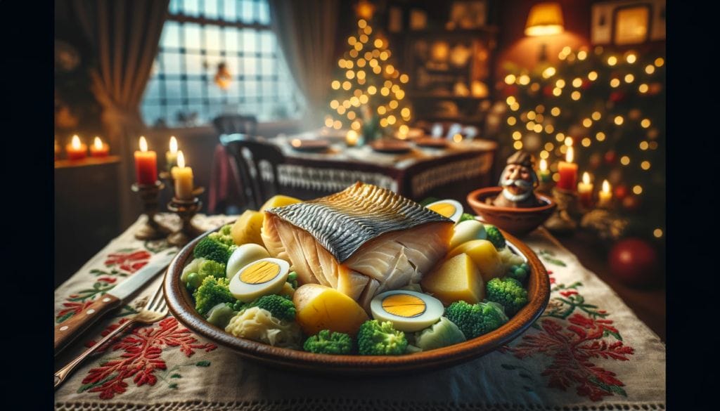 Portugese Bacalhau, a dried and salted cod dish, traditionally served with potatoes, cabbage, and boiled eggs